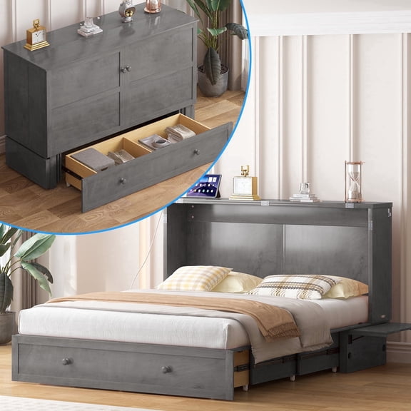 Puremind Queen Size Solid Wood Murphy Bed Frame, Cabinet Bed with Charging Port and Storage Drawer for Bedroom/Guest Room, Without Mattress, Gray