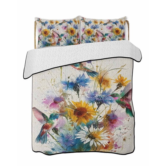 Quilt King Size Bedding Set, Hummingbird Reversible Summer Quilt 3 Pieces, Spring Vintage Oil Painting Sunflowers Beige Lightweight Bedspreads Coverlets with 2 Pillow Shams for All Seasons