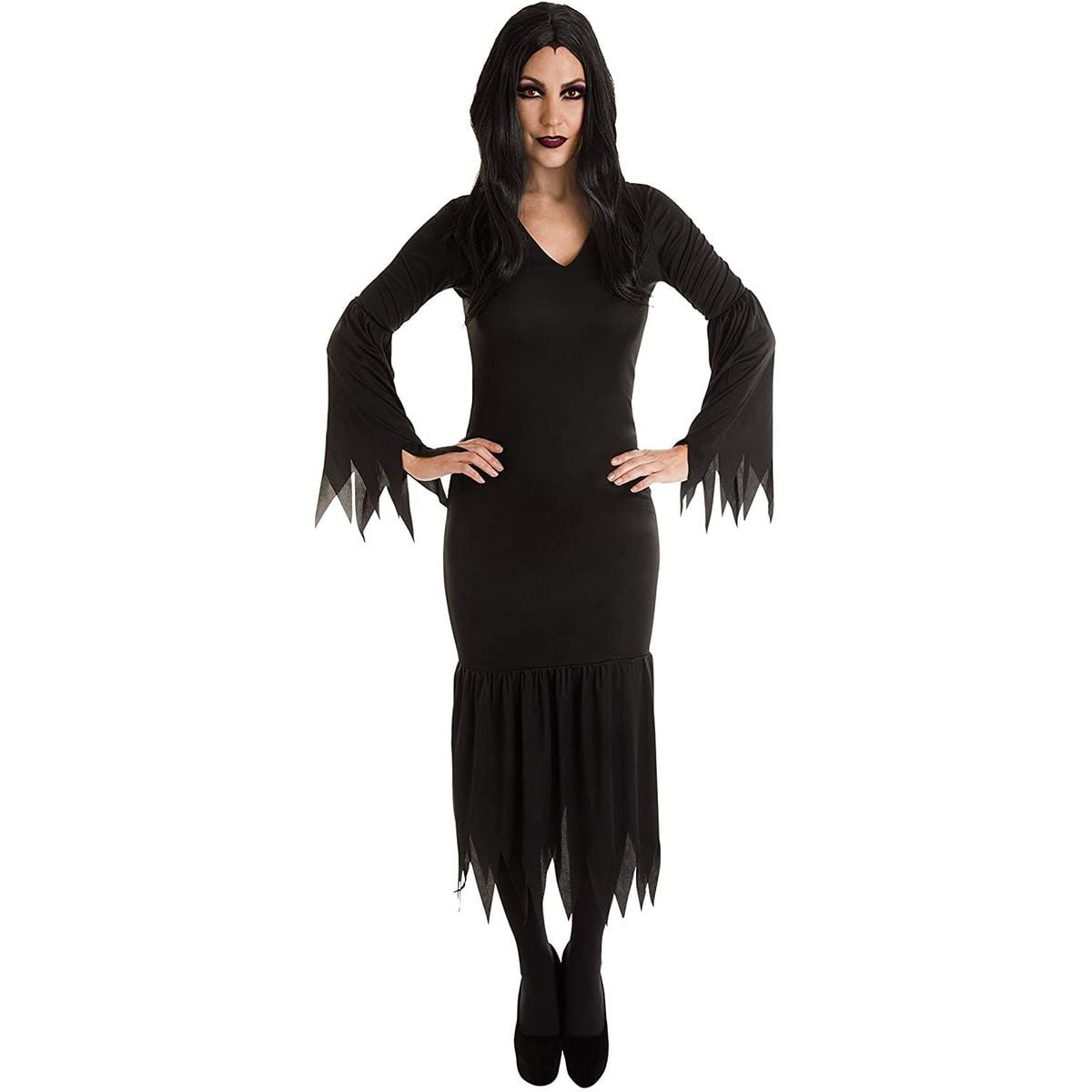 Ladies Morticia Vampire Costume Womens Halloween Long Witch Fancy Dress Outfit 