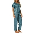 thumbnail image 4 of INSPIRE CHIC Women's Satin Pajamas Set Summer Outfits Short Sleeves Tops with Pants Silky Lounge Sets 2XL Peacock Blue, 4 of 6