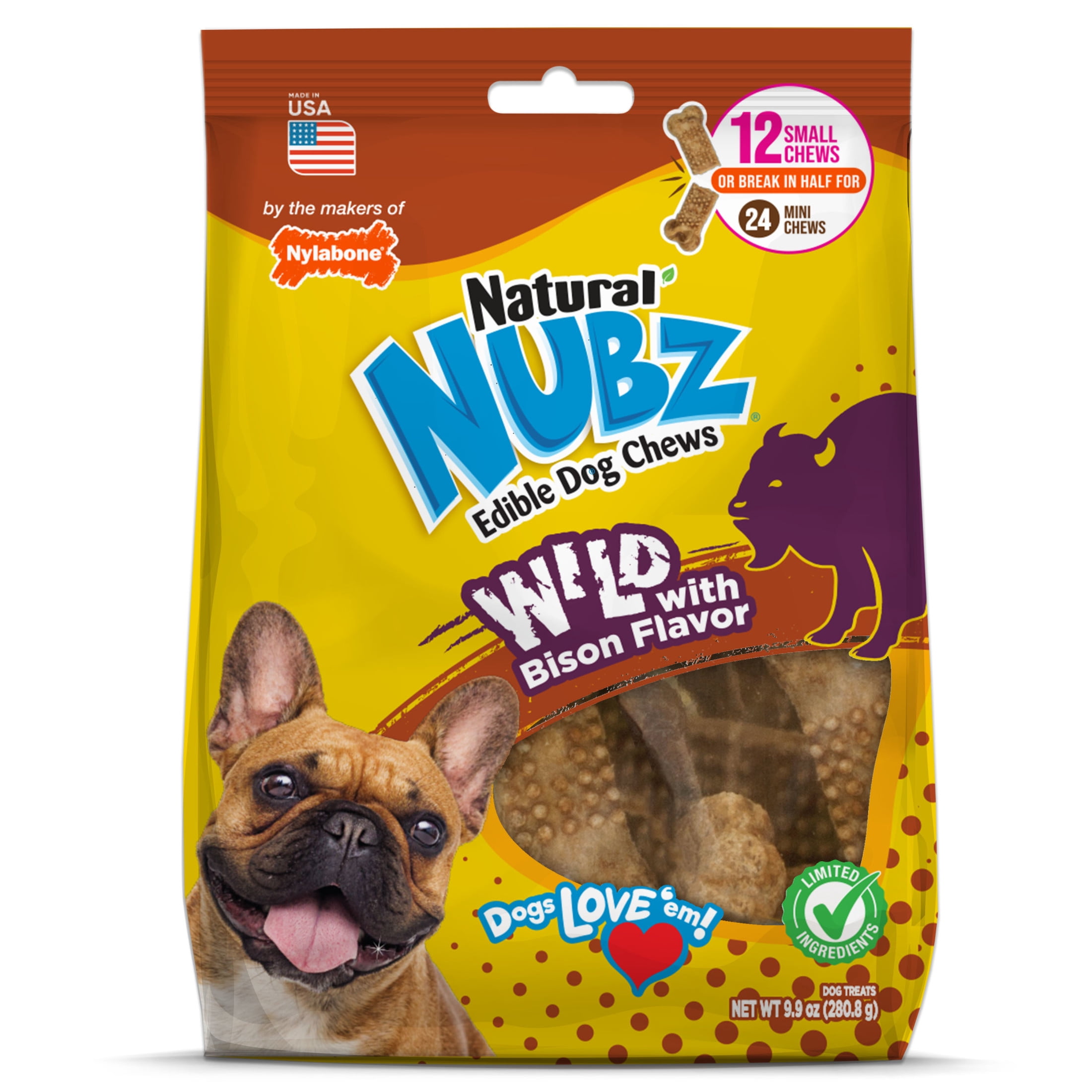 (4 pack) Nylabone Nubz Wild Dog Treats for Small Dogs, Bison Flavor Dog Bones, Small - Up to 25 lbs., 12 Count
