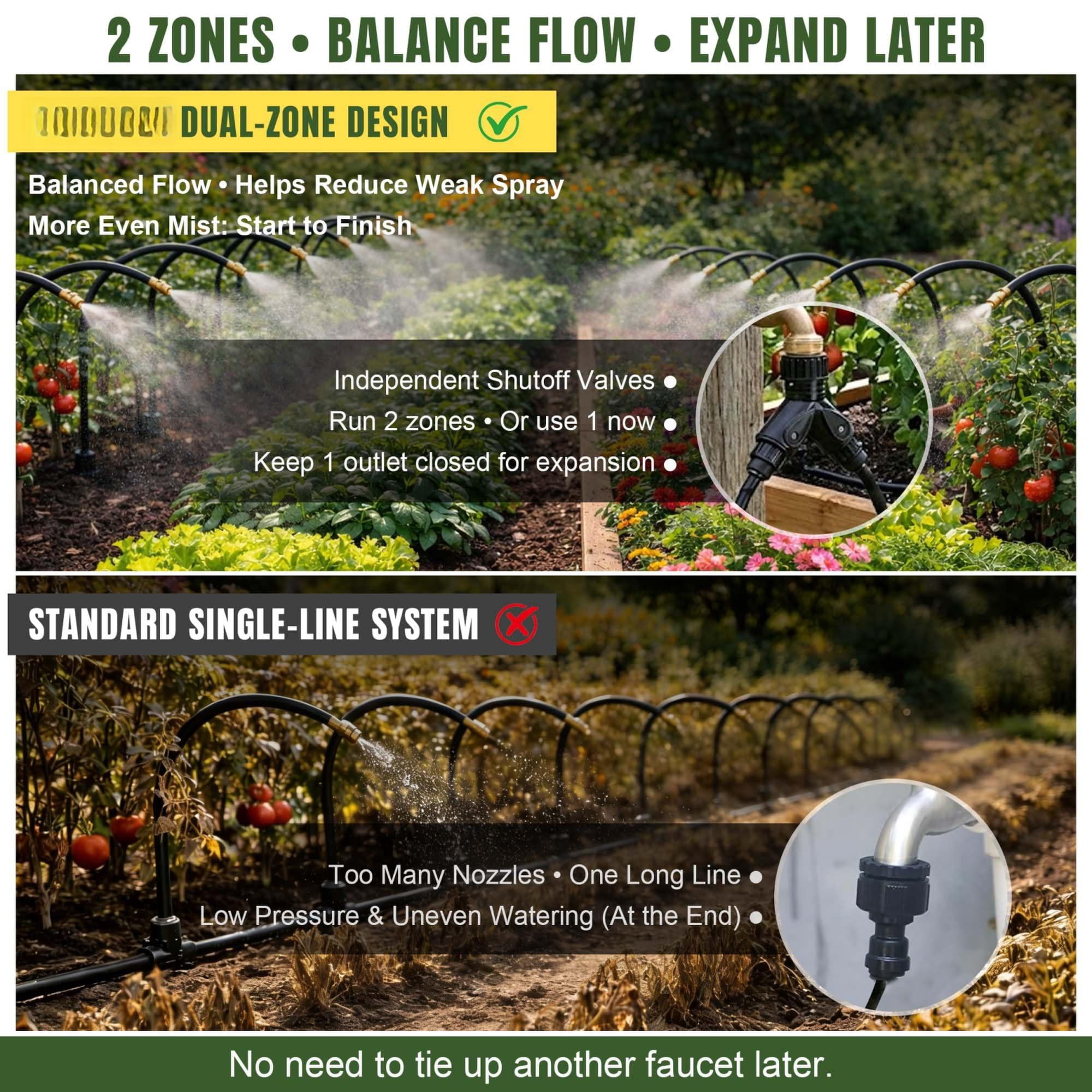 100ft Drip Irrigation System Kit Dual-zone Garden Atomizing Watering With 30 Copper 360° Adjustable Bendable Nozzles Y-splitter  Leak-proof 1/4" Misting For Greenhouse Raised Beds
