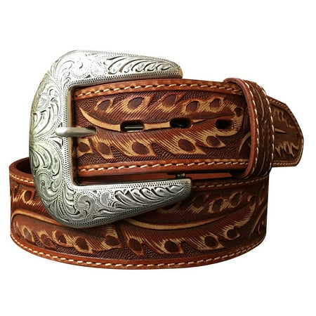Roper Western Belt Mens Hand Tooled Feather Design Saddle Tan 8610500