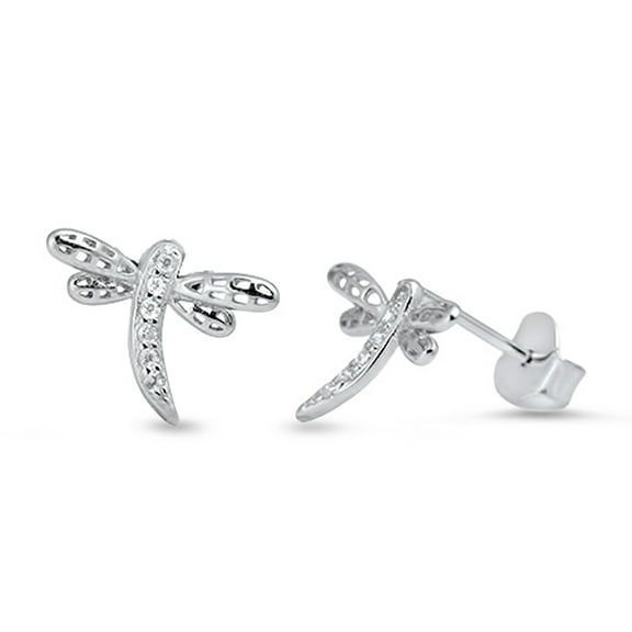 Animal Sparkly Studded Dragonfly Wing Clear CZ .925 Sterling Silver Earrings Jewelry Female