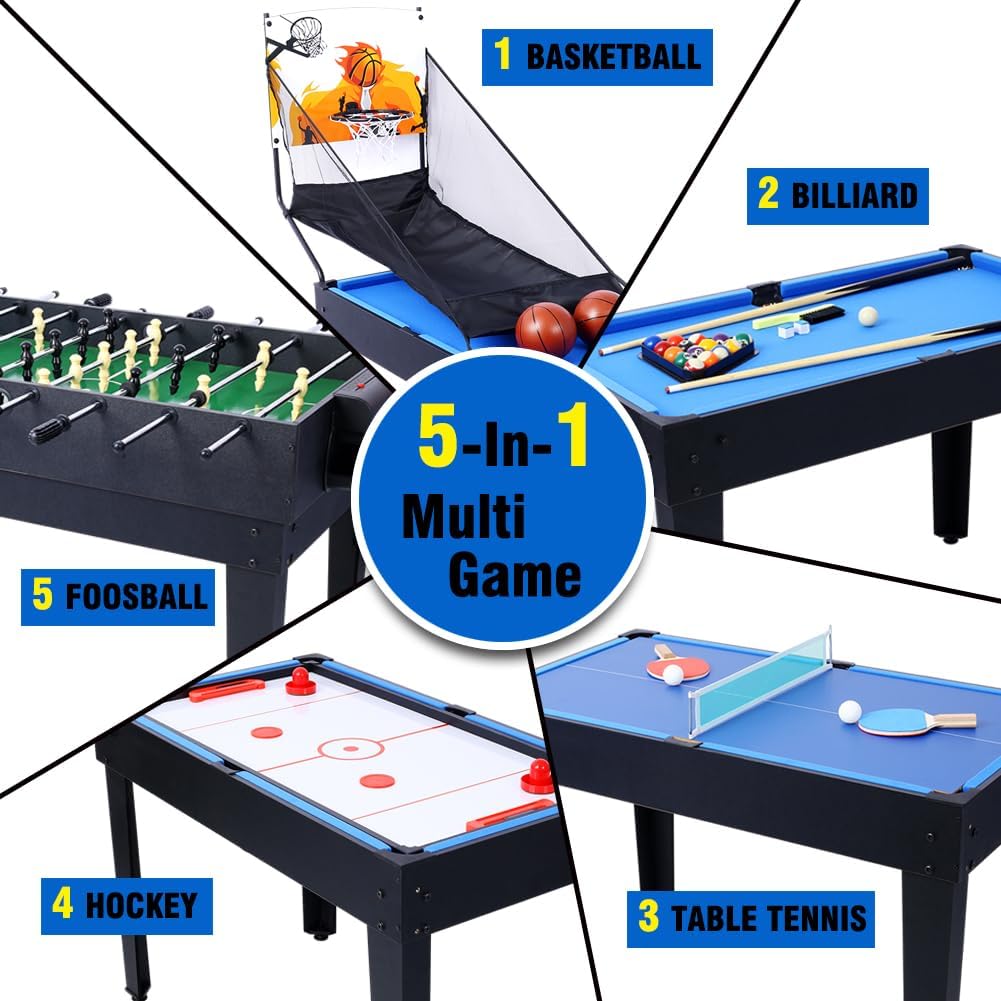 Rugerasy 5 in 1 Multi-Game Table,Combo Game Table with Billiards,Push Hockey,Foosball,Ping Pong,Basketball for Adults,Portable Multi Game Combination Table Set for Home,Game Room,Black/blue