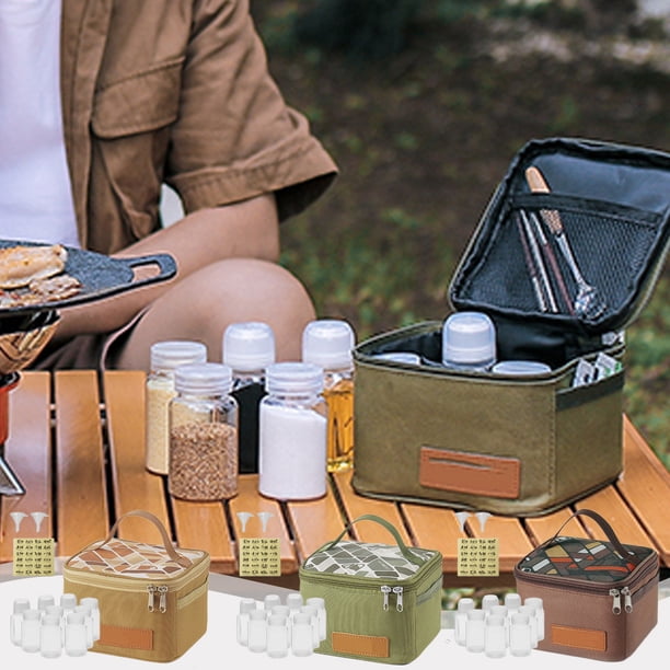 Bolsas de Cosméticos, Organizador de Condimentos para Exteriores (9 Piezas), Kit de Botellas y Recipientes para Condimentos de Camping, Bolsa de Almacenamiento Portátil con Asa, Bolsas de Cosméticos