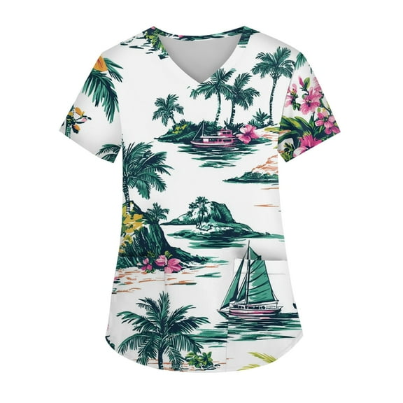 Black Scrubs for Women,Hawaiian Floral Nurse Tops - Lightweight Short Sleeve Scrub with Chest Pocket - Dark Green - M