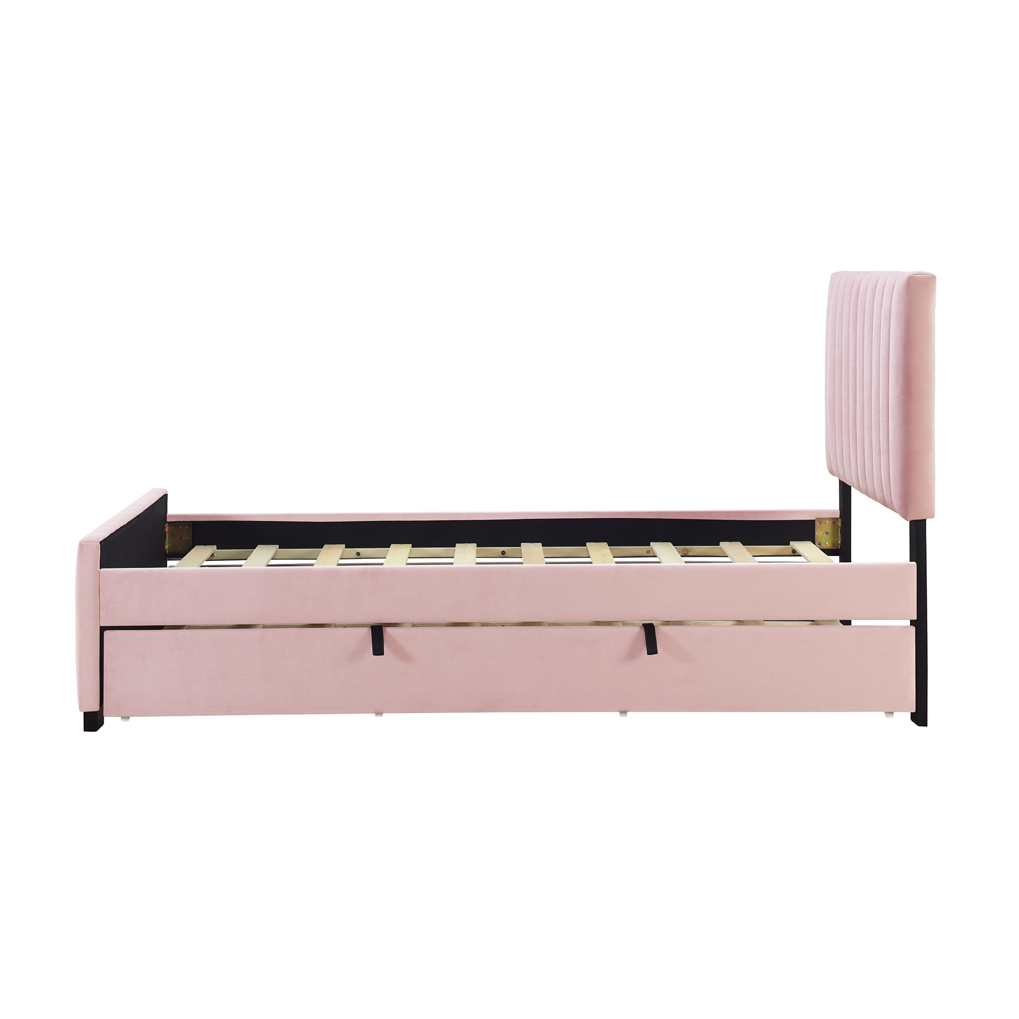 Aukfa Twin Size Upholstered Platform Bed Frame with Twin Size Trundle for Bedroom,Guestroom, Pink