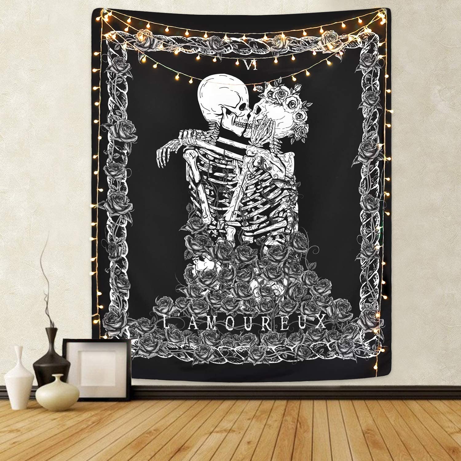 Skull Tapestry The Kissing Lovers Tapestry Wall Hanging Black and White Human Skeleton Rug with
