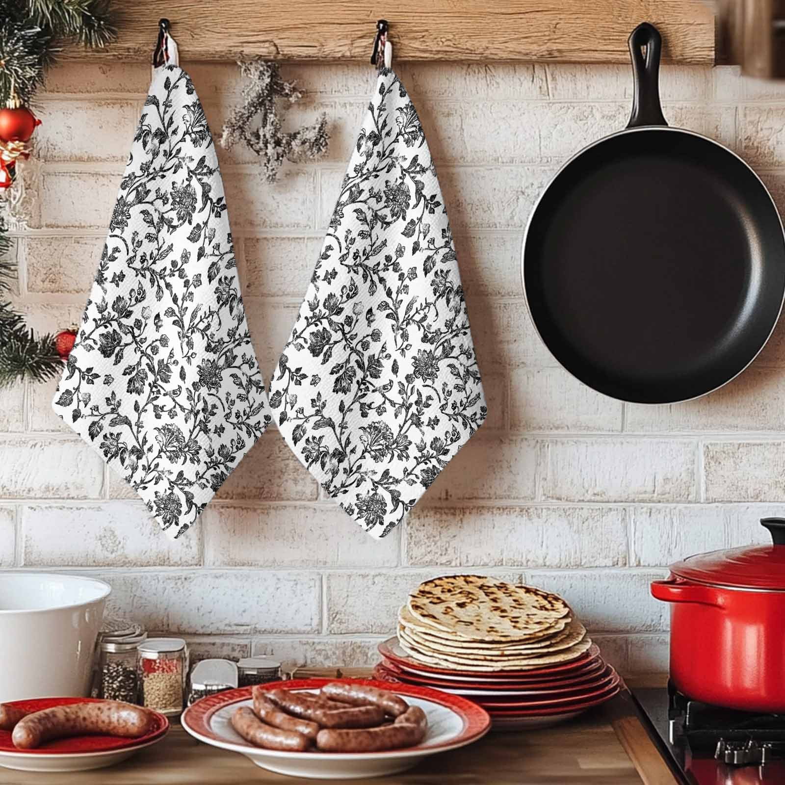 Black Flower Microfiber Kitchen Towel, Vintage Farmhouse Boho Leaf Spring Plant Soft Absorbent Dish Towels, Quick Drying Washable Dishcloths for Kitchen Cleaning, Drying Dishes, 18x28 Inches