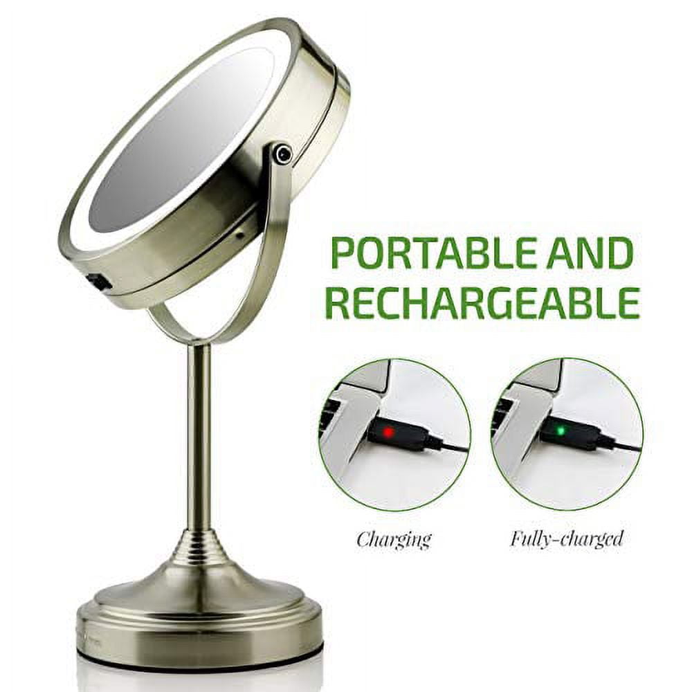 Ovente LED Lighted Tabletop Cosmetic Mirror, 7 Inch, Dual-Sided 1x/7x Magnification, Rechargeable & Wireless, Nickel Brushed (MCTR70BR1X7X)