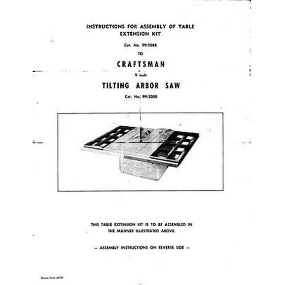 Instruction Manual ONLY for c.1956 Craftsman 99-2000 Extension Kit for 103-2000x 9-inch Bench Saw REPRINT
