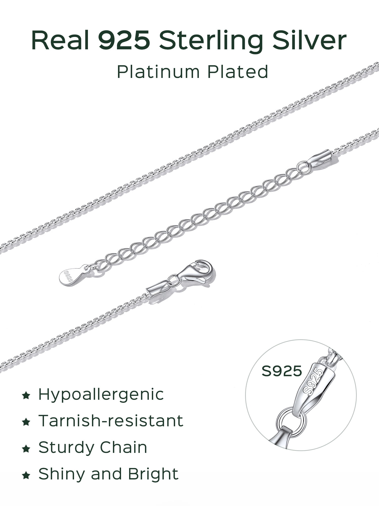 ChicSilver Solid Sterling Silver Polished Box Chain Necklace for Women  Pendants 1-2mm Thin Chains Made in Italy 16-24 inch
