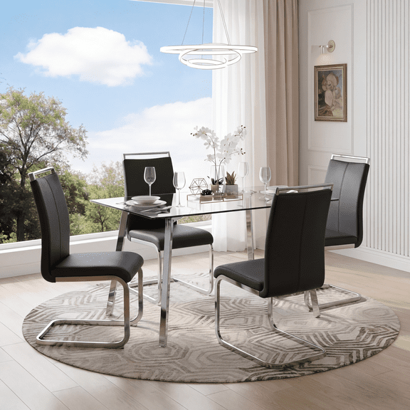 StnTalk 51" Glass Dining Table Set for 4, Modern Rectangle Dining Table with 4 Black PU Leather Chairs, Tempered Glass Table Top with Silver Metal Legs for Dining Room, Kitchen & Apartment