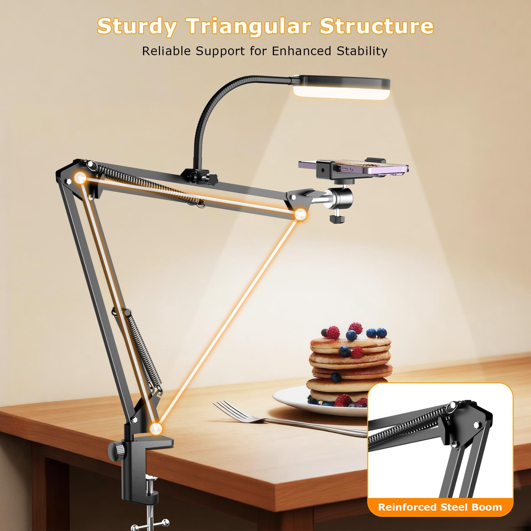 Overhead Camera Mount With Ring Light  Flexible Articulating Phone Arm Stand Compatible Webcam Desk Tripod For Live Stream Cooking Video Recording