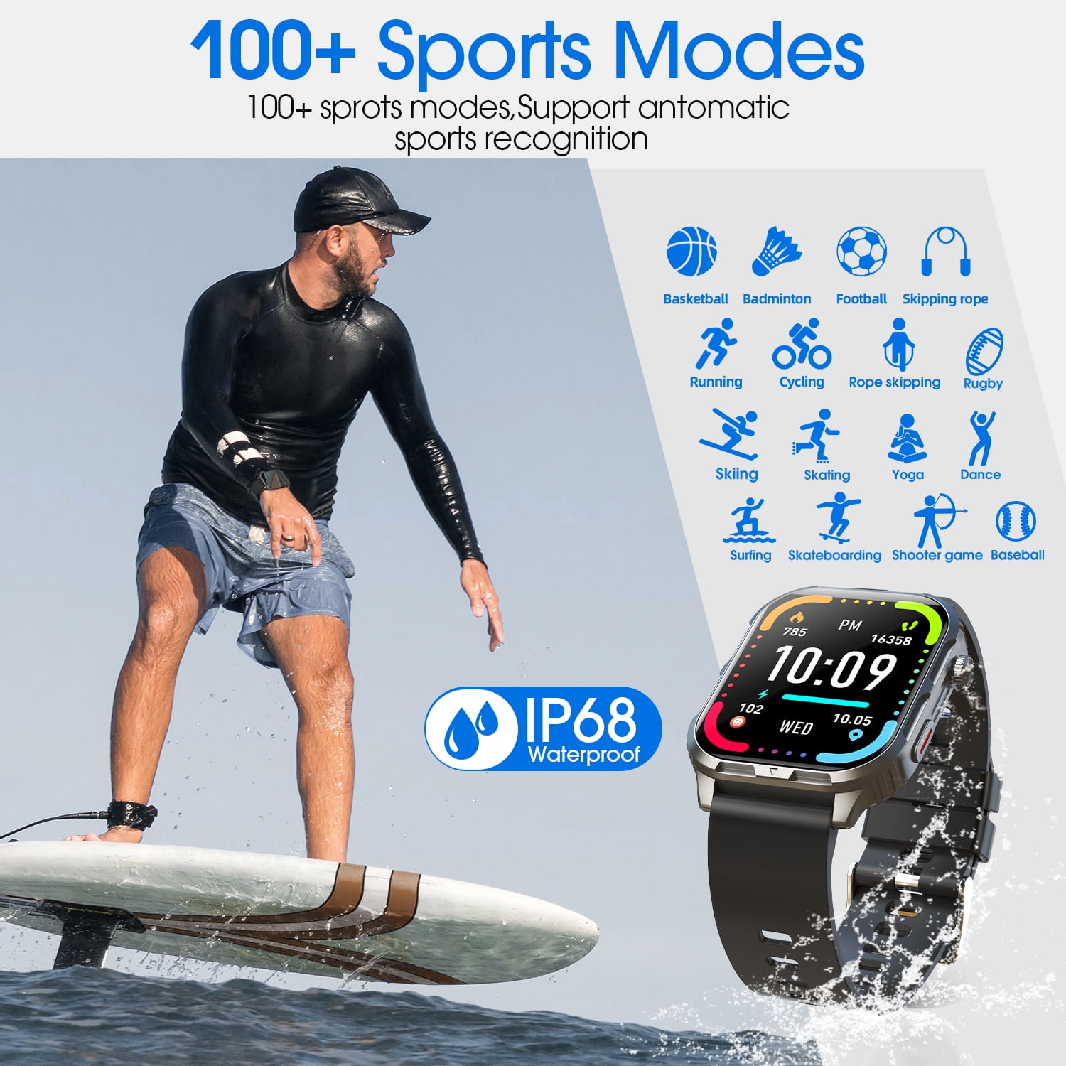 Posrue H5 Smart Watch with Bluetooth Call, IP68 Waterproof Fitness Tracker for Women and Men, Black