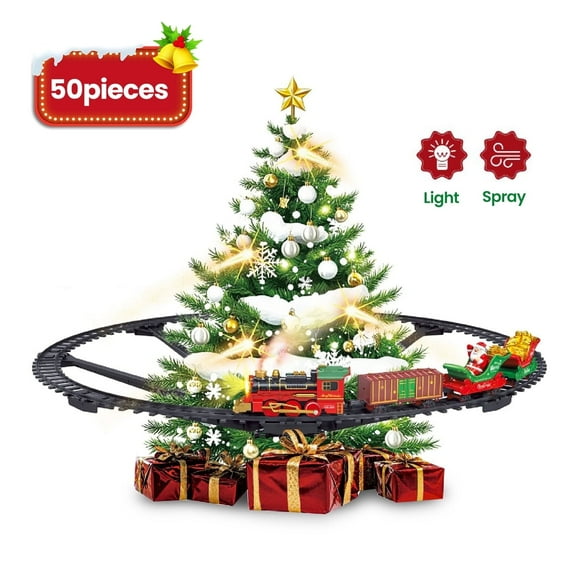 Electric Train Set with Light, Sound & Spray, Christmas Train Sets Around the Tree for Kids Ages 4-8