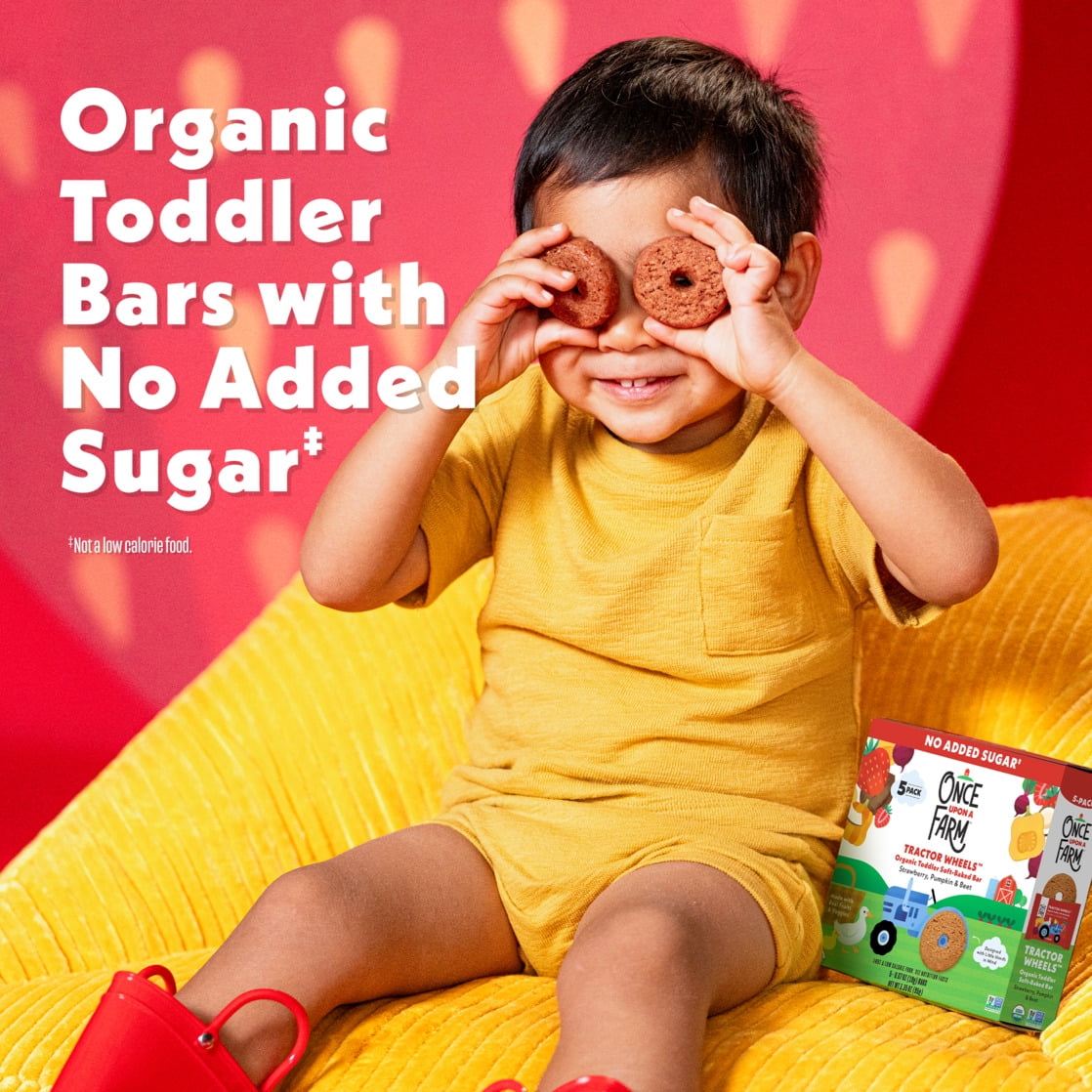 Once Upon a Farm Organic Tractor Wheels Toddler Bar, Strawberry, Pumpkin & Beet, 5ct