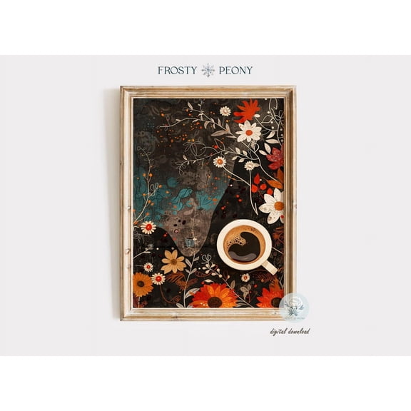 Vintage Flowers And Coffee Art Print, Cozy Coffee Nook Wall Decor, Coffee Corner Art, Wall Art, Modern Wall Decor, 8x12 UNFRAMED