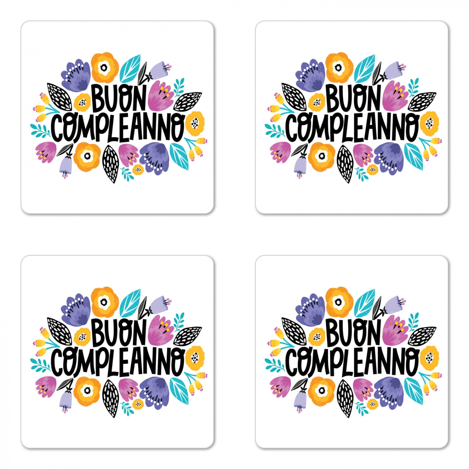 Italy Coaster Set of 4, Happy Birthday Sign in Italian Language with