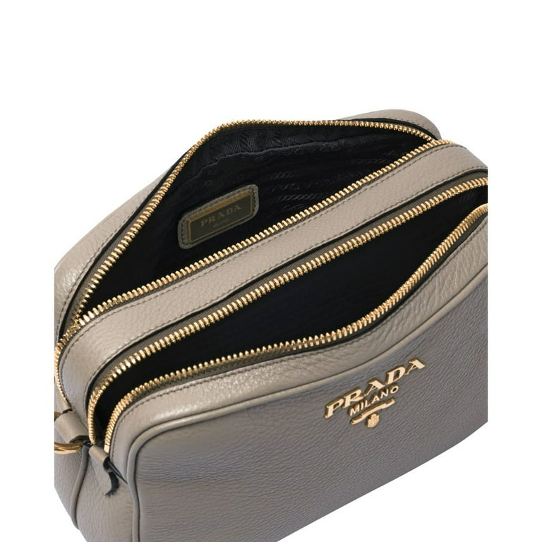 New Prada Argilla Grey Vitello Phenix Leather Double Zip Crossbody Bag  1BH079 