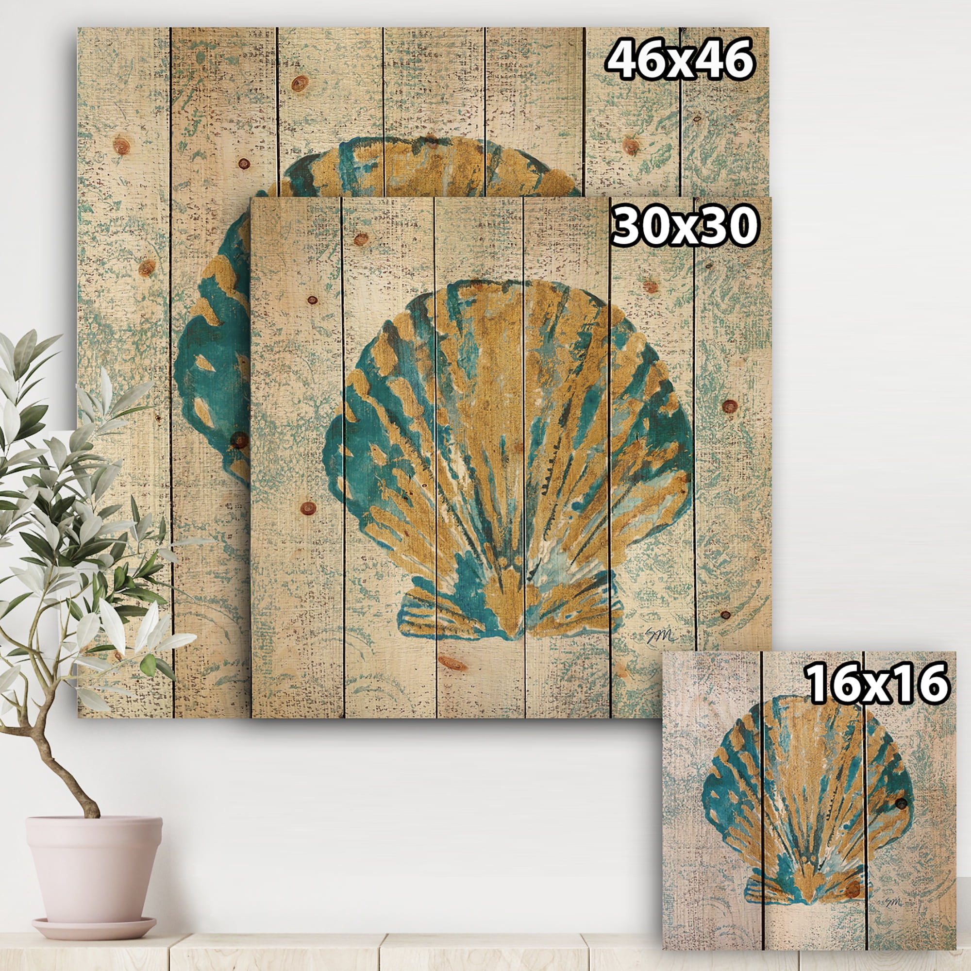 Designart 'Coastal Pastel seashells I' Vintage Nautical Print on Natural Pine Wood