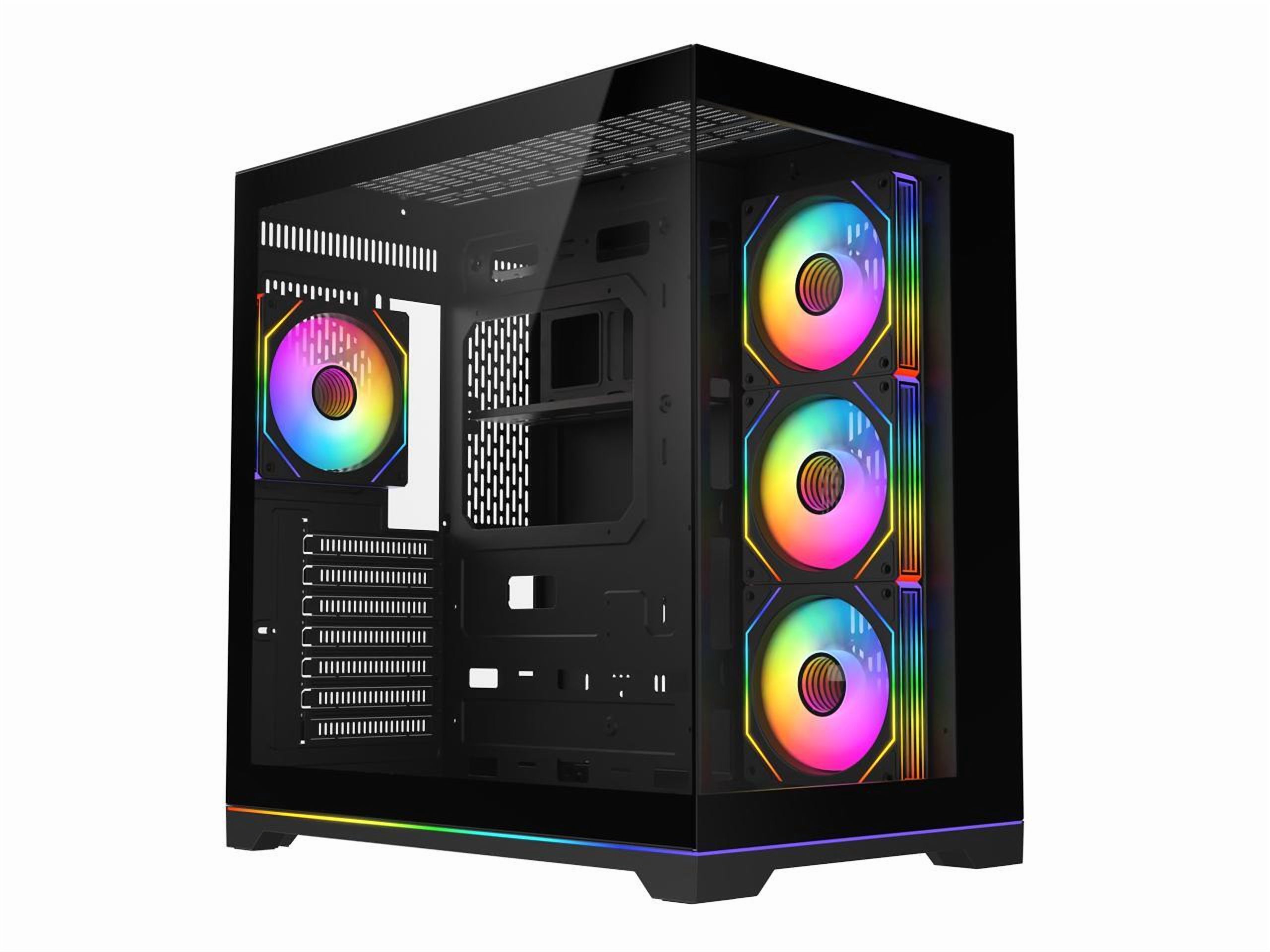 DIYPC ARGB-DC200-BK Black Dual USB3.0 Tempered Glass ATX Gaming Computer Case w/ 4 x ARGB PWM Fans (Pre-Installed) and ARGB Light Strip at Bottom.