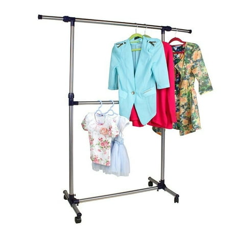 Double Hanging - Ktaxon Adjustable Double Rods Garment Rack Rolling Hanging Clothes Racks with Brake Wheels