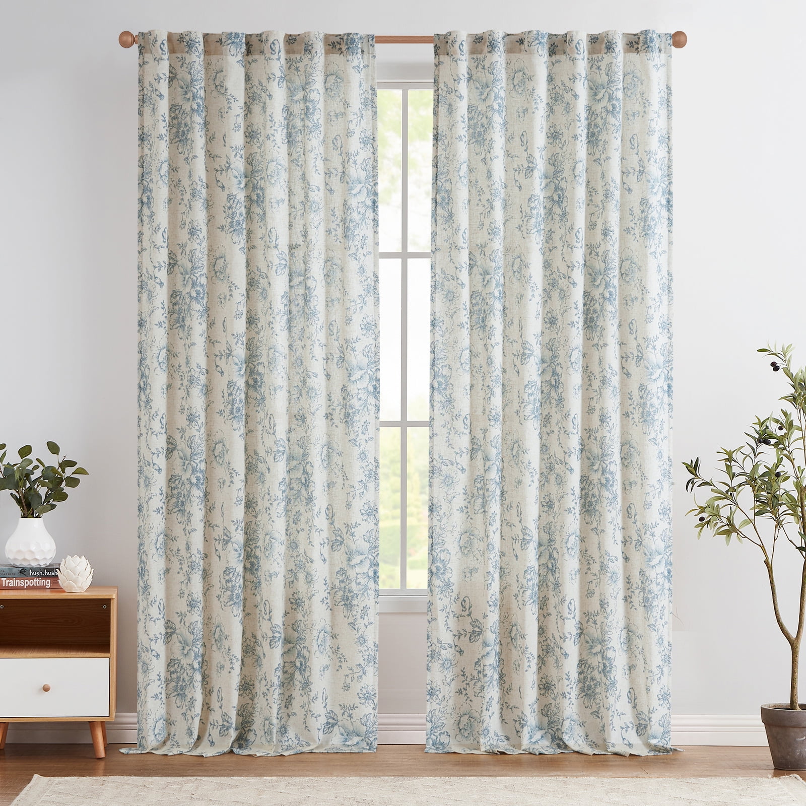 CURTAINKING Linen Curtains Floral Curtains for Living Room 84 Inch Length Blue Printed Curtains Rod Pocket Back Tab Farmhouse Peony Flower Patterned Drapes Bedroom Window Curtain Set 2 Panels