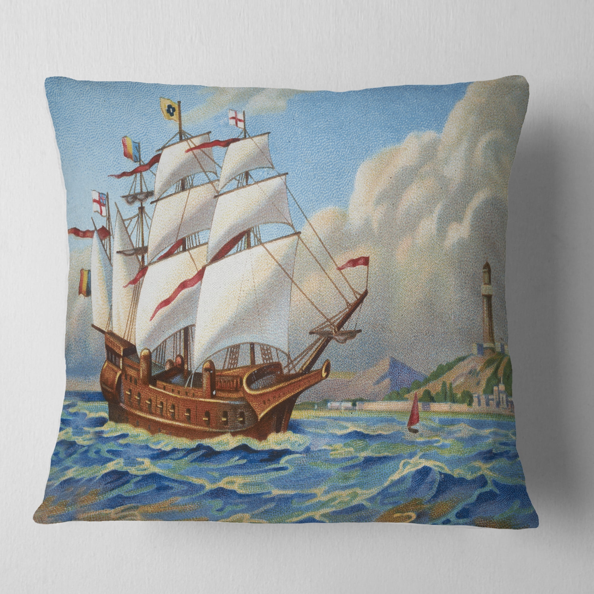 Designart Ancient Boat Drifting in Sea - Seascape Throw Pillow - 16x16