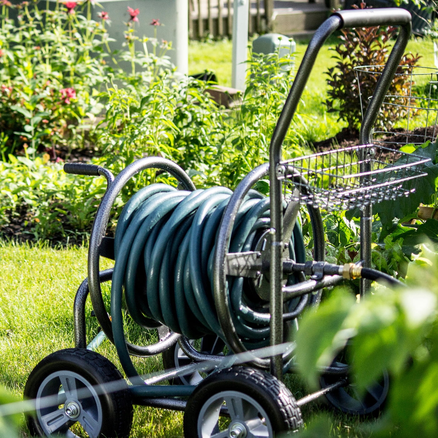 Backyard Expressions Commercial Four Wheel Hose Reel Cart - Heavy Duty Rolling Hose Caddie for Gardening - 350 Ft Hose Capacity