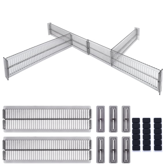 LELE LIFE 6 Pack 3.2in Drawer Divider, 11-20.5in Adjustable Dresser Drawer Organizer for Clothes, Socks, Underwear, Plastic Separators for Kitchen Utensils, Office, Clear Gray