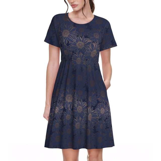 Balery Sunflowers Vestidos sueltos de manga corta para mujer, vestidos de verano 2025, vestidos casuales de corte A con vuelo.