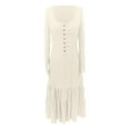 thumbnail image 4 of DHFJKG Boho Dresses For Women Button Front Puff Long Sleeve Smocked Waist Flowy Maxi Dress Retro Vacation Clothes Versatile Dresses, 4 of 5