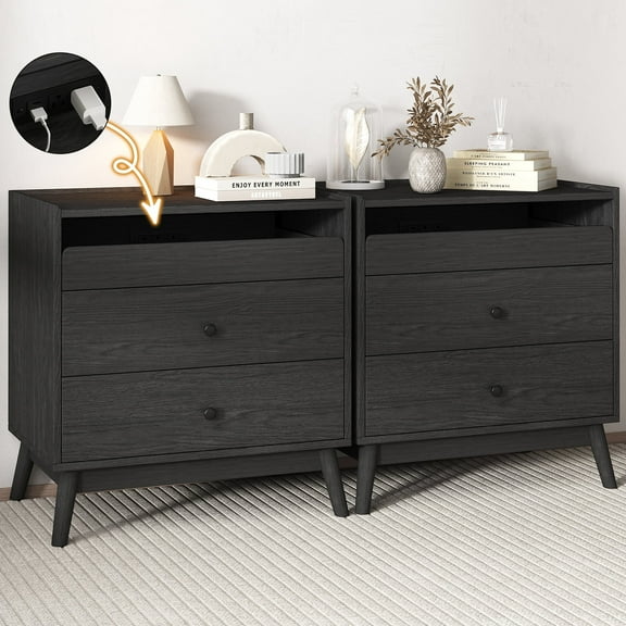 IDEALSOUL Nightstand Set of 2, 24 inch End Side Table with Hidden Charging Station, Large Wooden Night Stand for Bedroom Furniture(2pcs, Black)