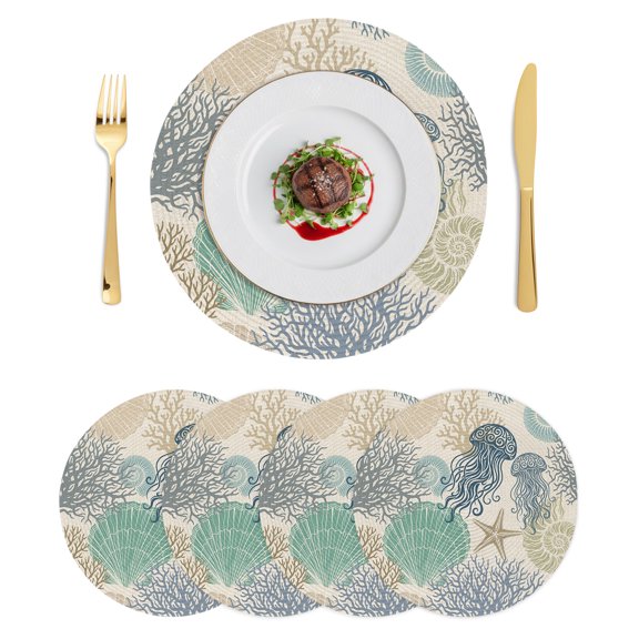 Round Placemats Jellyfish Coastal 15 inch Set of 4 Table Mats for Dining Table Ocean Beach Coral Shell Nautical Linen Heat Resistant Non-Slip Kitchen & Home Decorative Place Mat Set