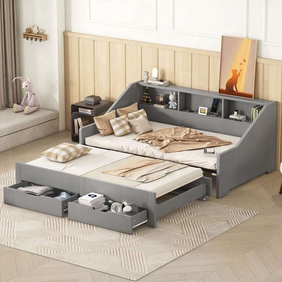 Gray Daybed Frame: Twin to King & Storage with Charging