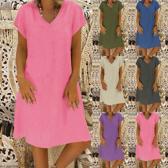 Lcziwo Women's Short Sleeve Cotton Dresses Linen V Neck Solid Midi Dress Loose Fit Summer Beach Vacation Sundress Purple,L