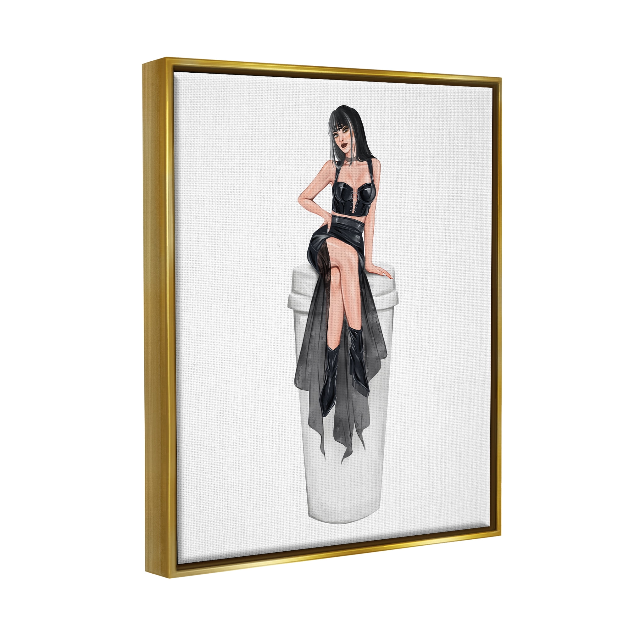 Stupell Fashionable Woman Glam Coffee Cup Beauty & Fashion Painting Gold Floater Framed Art Print Wall Art