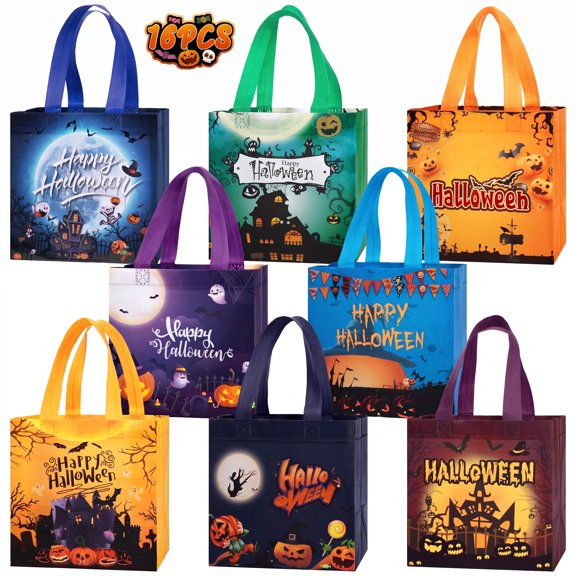 HiberyHom 16 PCS Halloween Trick or Treat Bags, Non-Woven Halloween Bags with Handles, Reusable Halloween Gift Bags for Holiday Party Candy Favors