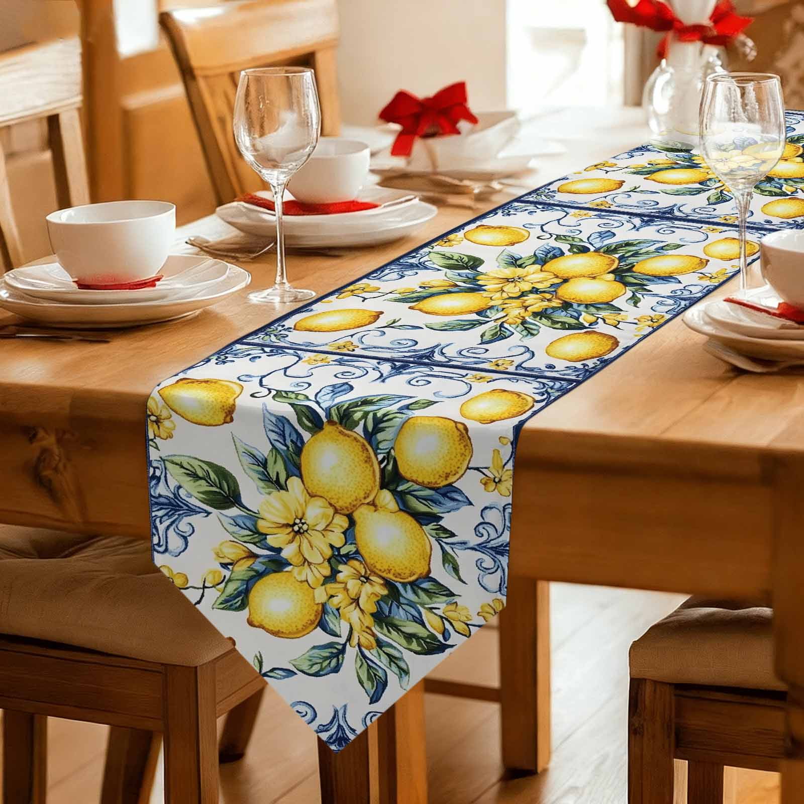 Yellow Lemon Table Runner Linen Burlap Table Runner 108 Inches Long Middle Century Blue Italian Textured Dresser Scarves for Kitchen Island Coffee Dining Room Party Holiday Decoration 13"x108"