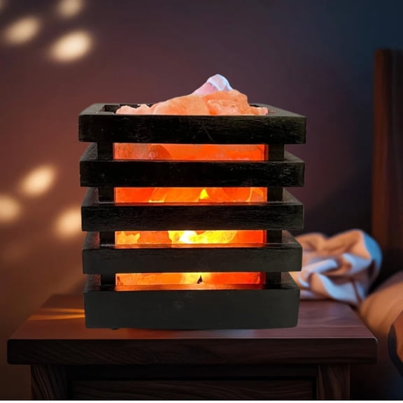 Himalayan Pink Salt Lamp – Wooden Basket with Natural Salt Chunks, Dimmer Switch & 2 Bulbs – Handcrafted Rock Salt Lamp from Pakistan – Warm Amber Glow for Home, Office & Wellness Spaces