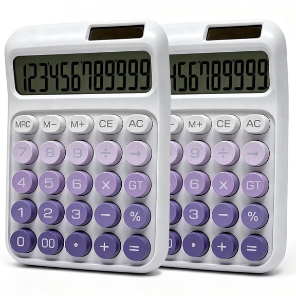 AGCAN 2 Pack Mechanical Switch Calculator, 12 Digit Solar & Battery Powered Desktop Calculator with Large LCD Display, Purple Calculator with Big Buttons for Office, Teachers, Home