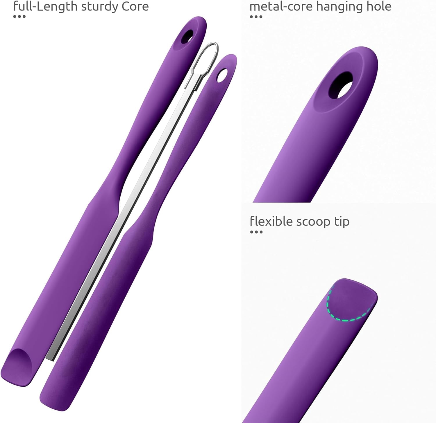 2 Piece Skinny Silicone Jar Spatula Kitchen Tweezer Set 600F Heat Resistant 10 Inch Round Tip Purple