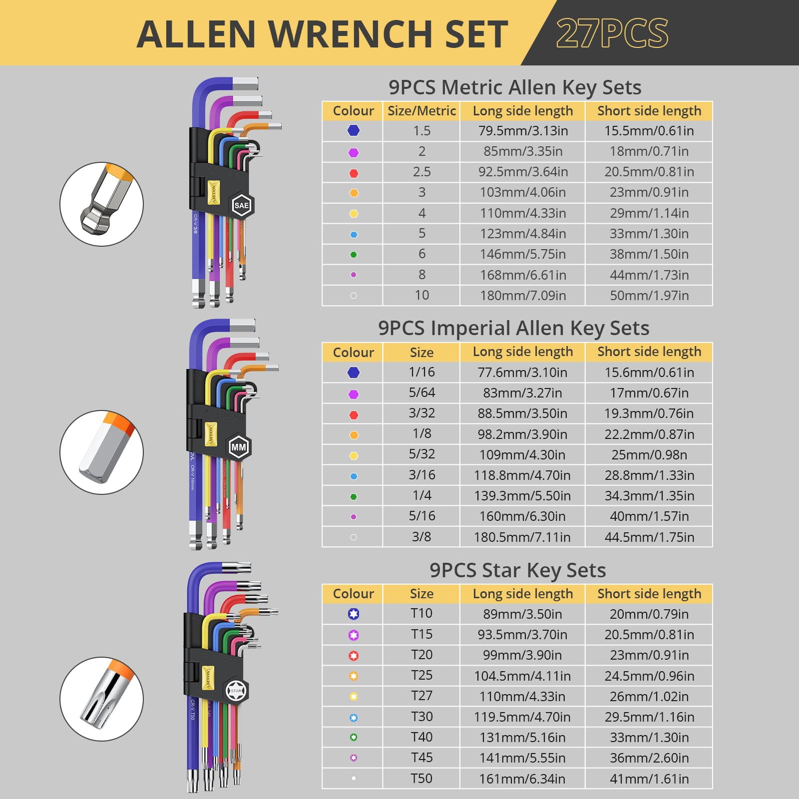 27pcs Allen Key Set  Metric & Sae Wrench Extra Long Ball Star End Hex Keys With T-handle Color Coding For Bicycle Household Diy