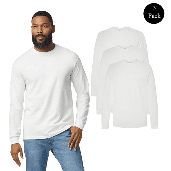 Gildan Men's Heavy Cotton Long Sleeve T-Shirt, Classic Fit Crew Neck Tee, White Color, S, 3 Pack