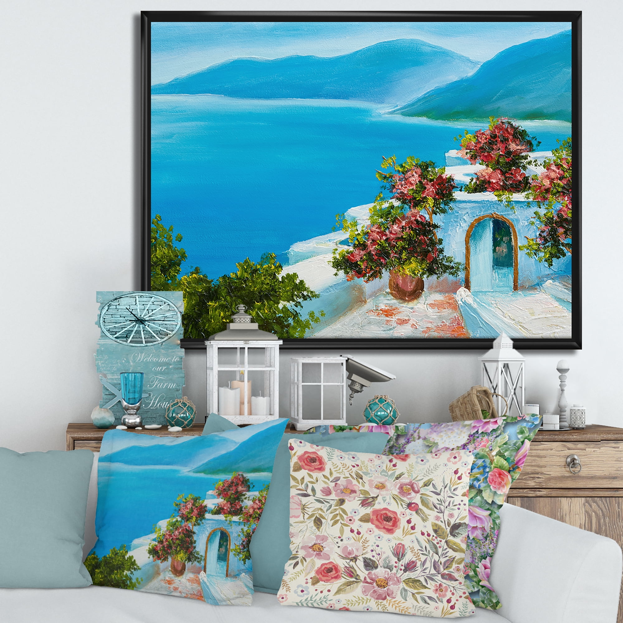 Designart 'House With Colorful Flowers Near The Sea I' Nautical & Coastal Framed Canvas Wall Art Print