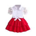 thumbnail image 2 of LYHaoo Girls Two Piece Outfit Floral Lace Sleeve Blouse With Bow Tie Red Pleated Skirt For，Girls Casual Dresses Sizes 3-4 Years White, 2 of 7