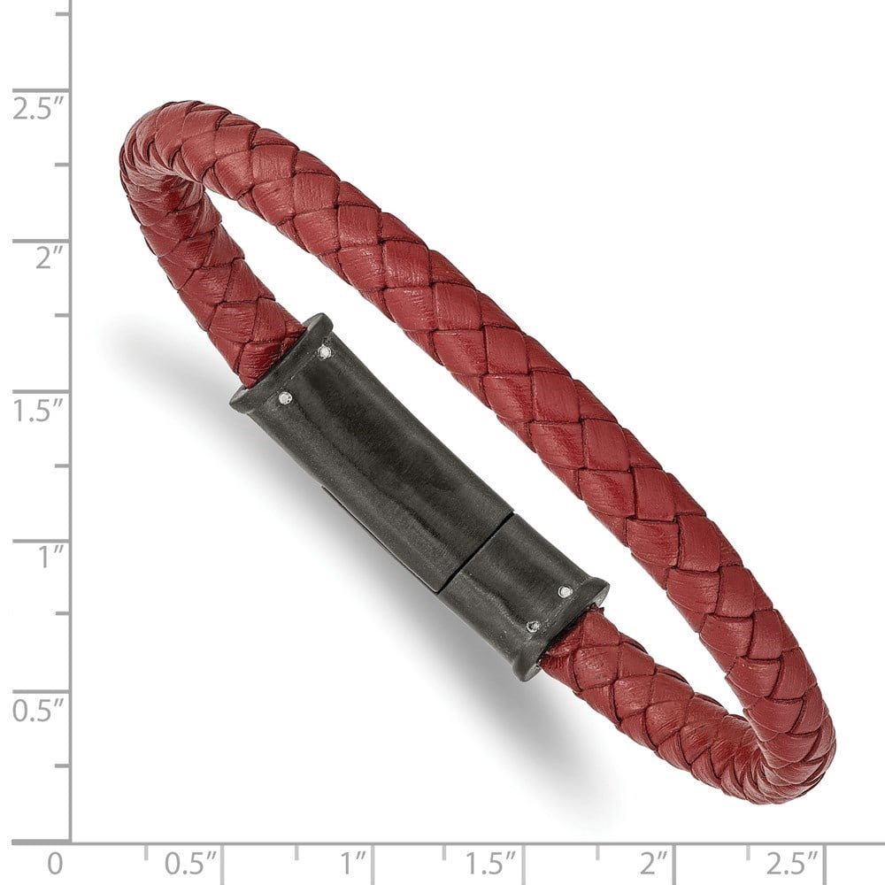 Diamond2Deal Stainless Steel Brushed Black IP-Plated Red Braided Leather Bracelet for Men 8.5"