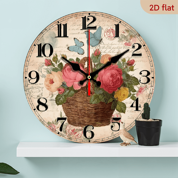 2D Flat 1pc 10Inch Extra Large Round Silent Non-Ticking Wall Clock - Floral Roses butterflies Vintage design in Pink, Red, Green - Battery Operated (AA Not Included)